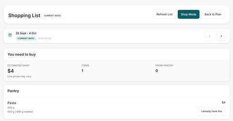 CartTally Shopping List with example data, an estimated shop and its live-price caveat